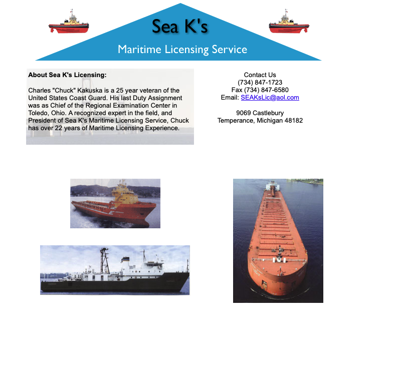 Sea K's Maritime Licensing original website - dated early 2000s design